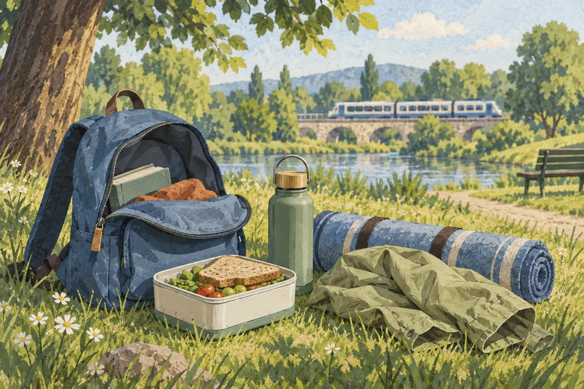 Ilustracja plecaka i rzeczy na jednodniową wycieczkę pociągiem z piknikiem