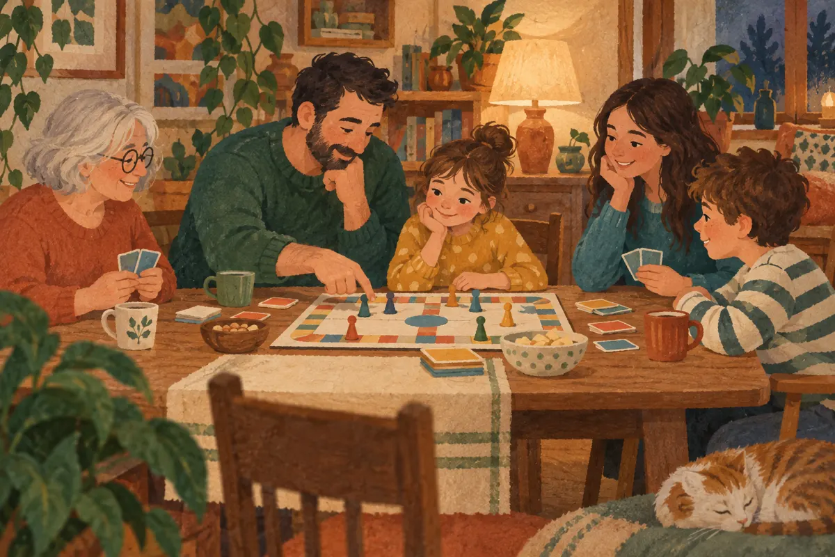 Ilustracja rodziny z dziećmi w różnym wieku podczas wspólnej gry planszowej.